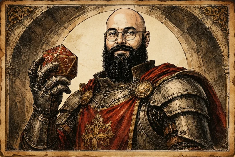 Pen-and-ink illustration of a heroic adventurer in plate armor holding a d20
